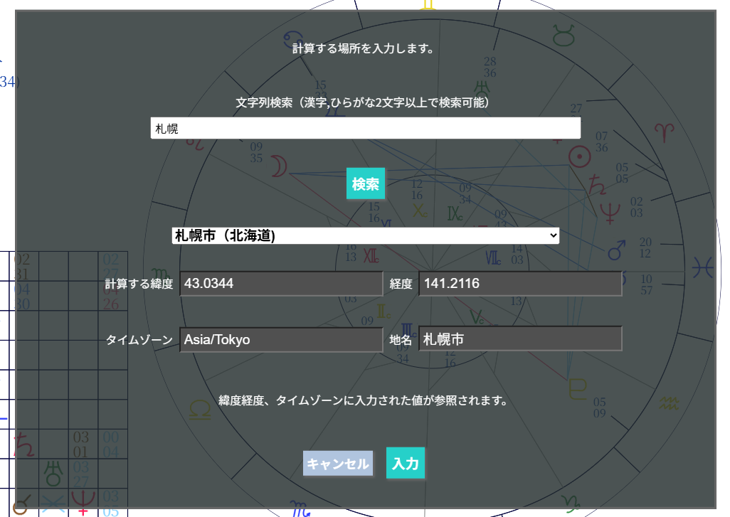 Prophetess Astrology 出生地入力画面